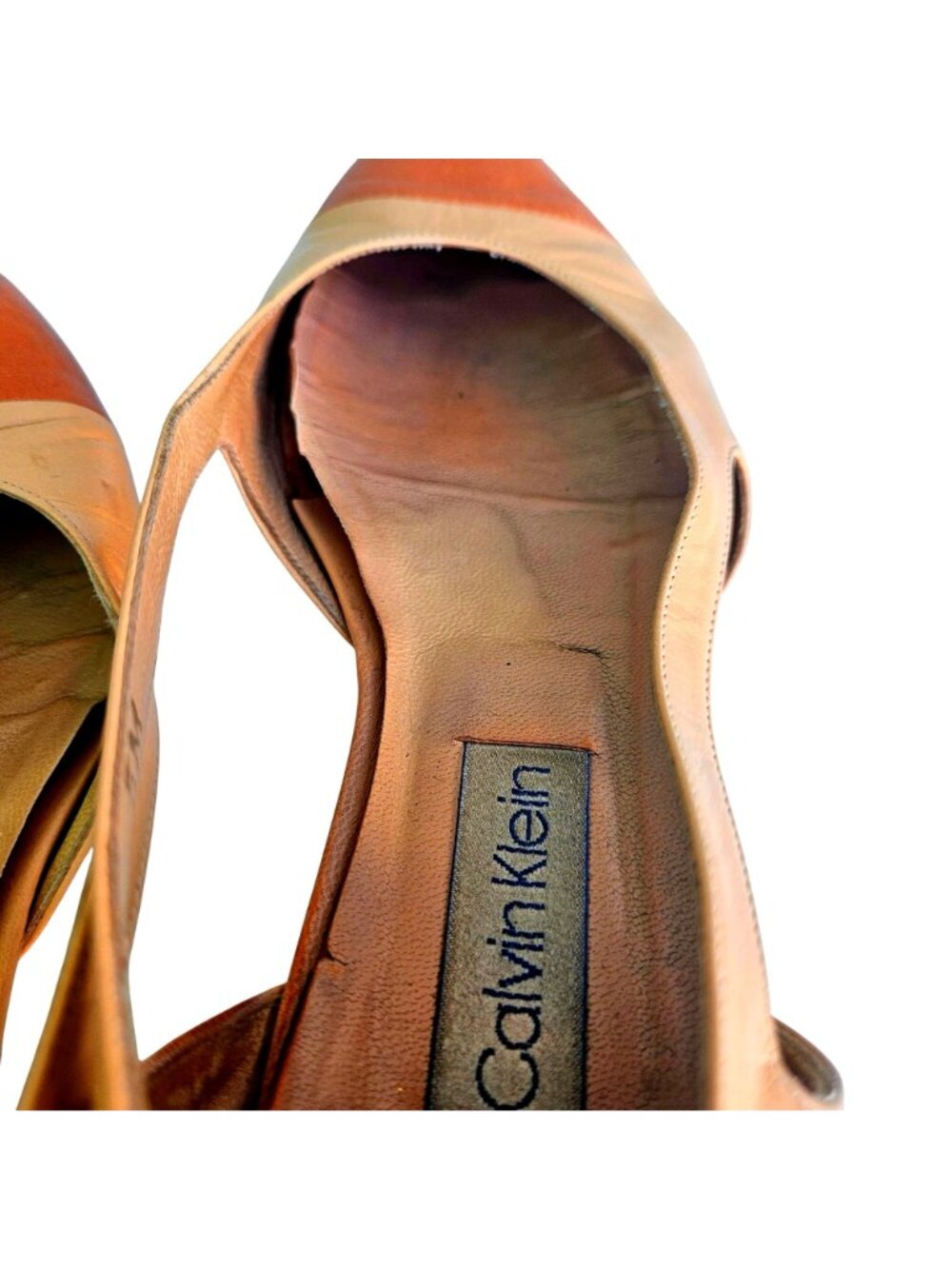 Vintage Calvin Klein Flats Italy Leather Cap Toe Cutout Beige Orange Sz 5 - Picture 9 of 12